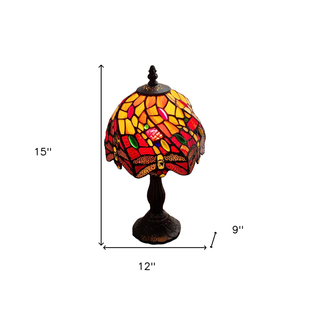 15" Dark Brown Metal Candlestick Table Lamp With Red and Black Novelty Shade - Homeroots