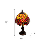 15" Dark Brown Metal Candlestick Table Lamp With Red and Black Novelty Shade - Homeroots