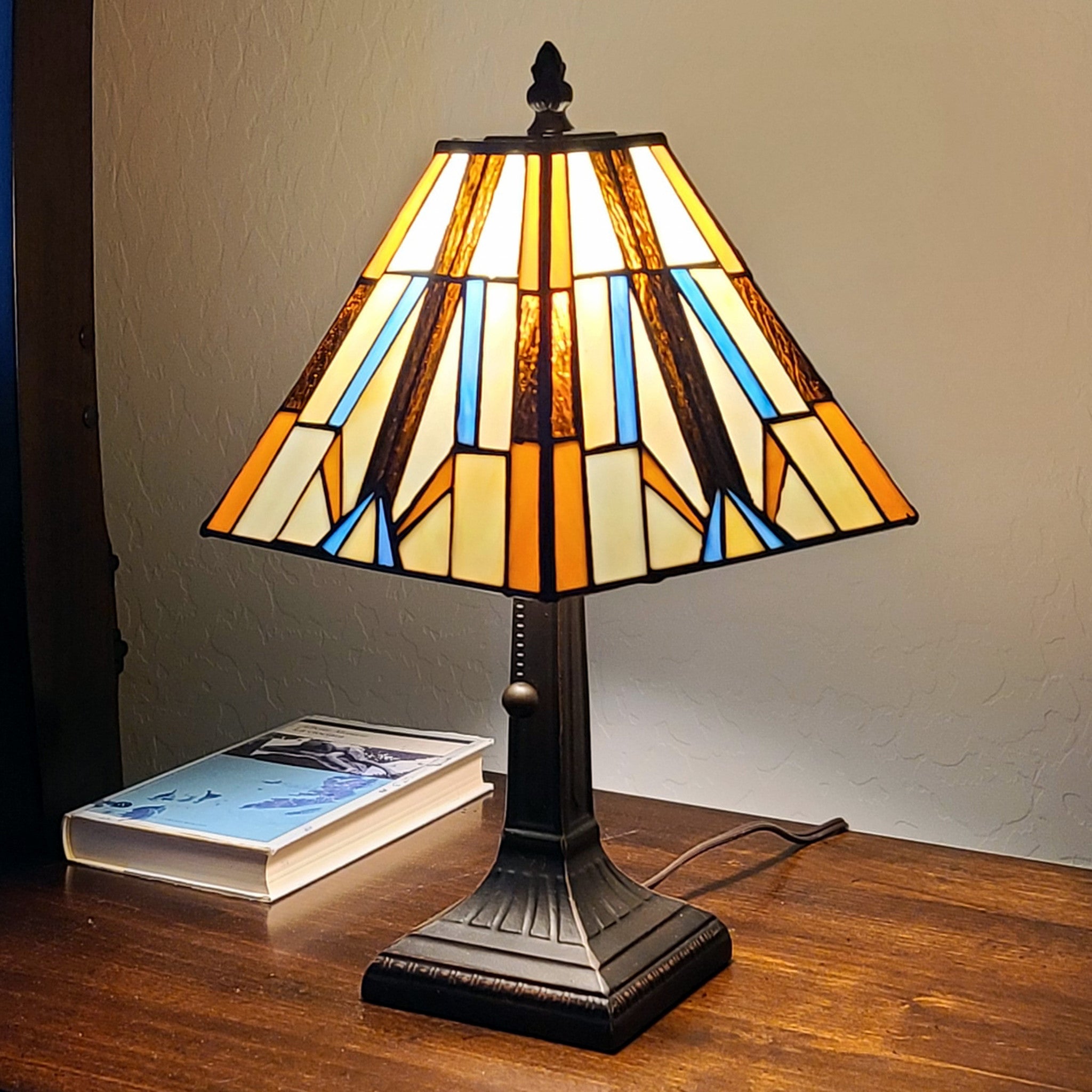 15" Dark Brown Metal Candlestick Table Lamp With Orange and Ivory Empire Shade - Homeroots - Flyclothing LLC