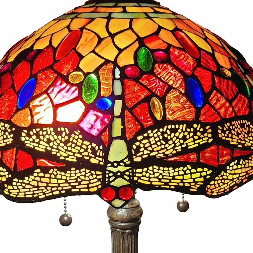 22" Dark Brown Metal Two Light Candlestick Table Lamp With Red and Black Shade - Homeroots