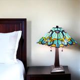 23" Dark Brown Metal Two Light Table Lamp With Blue and Green Cone Shade - Homeroots - Flyclothing LLC