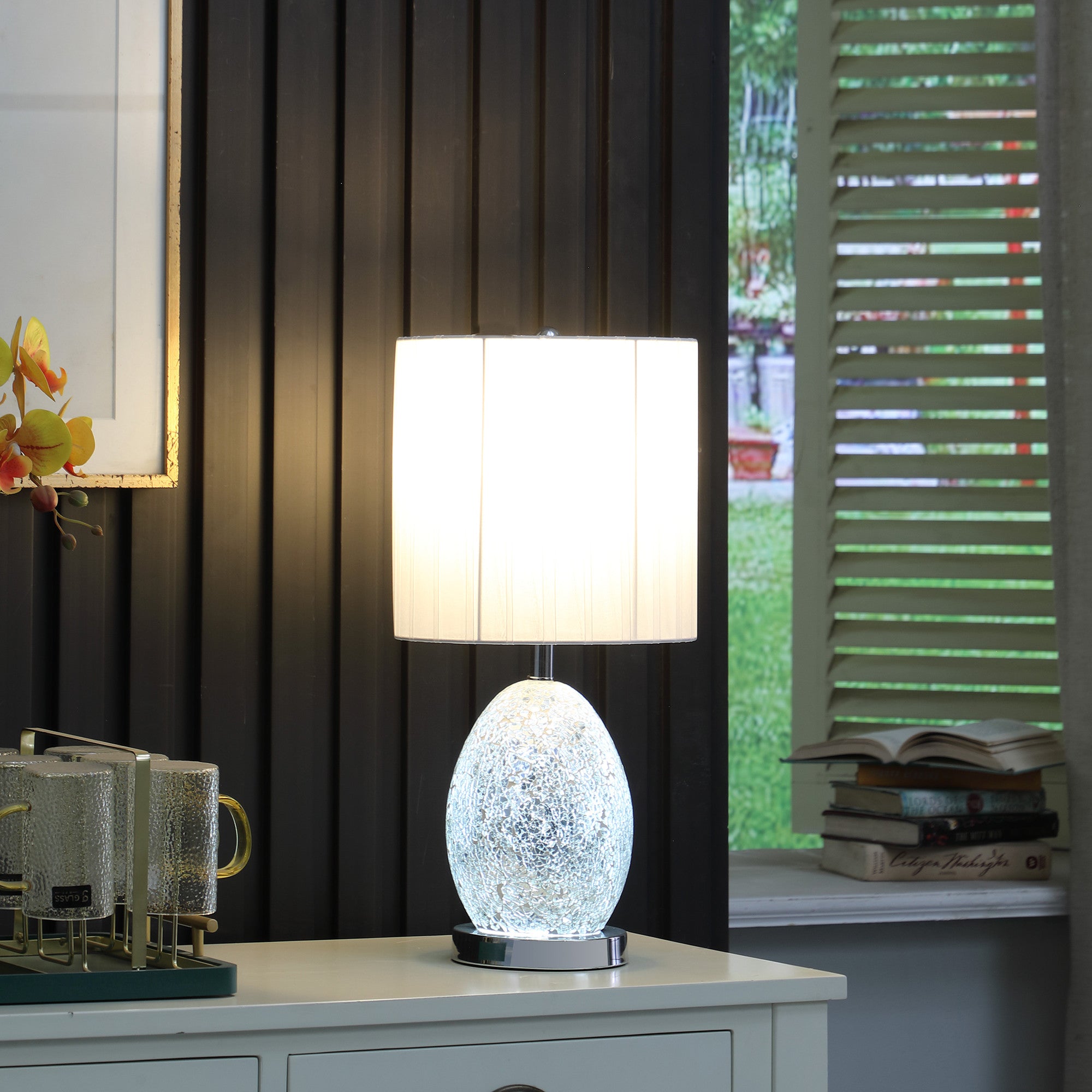 20" White Luster Mirrored Glass Table Lamp With Night Light - Homeroots - Flyclothing LLC