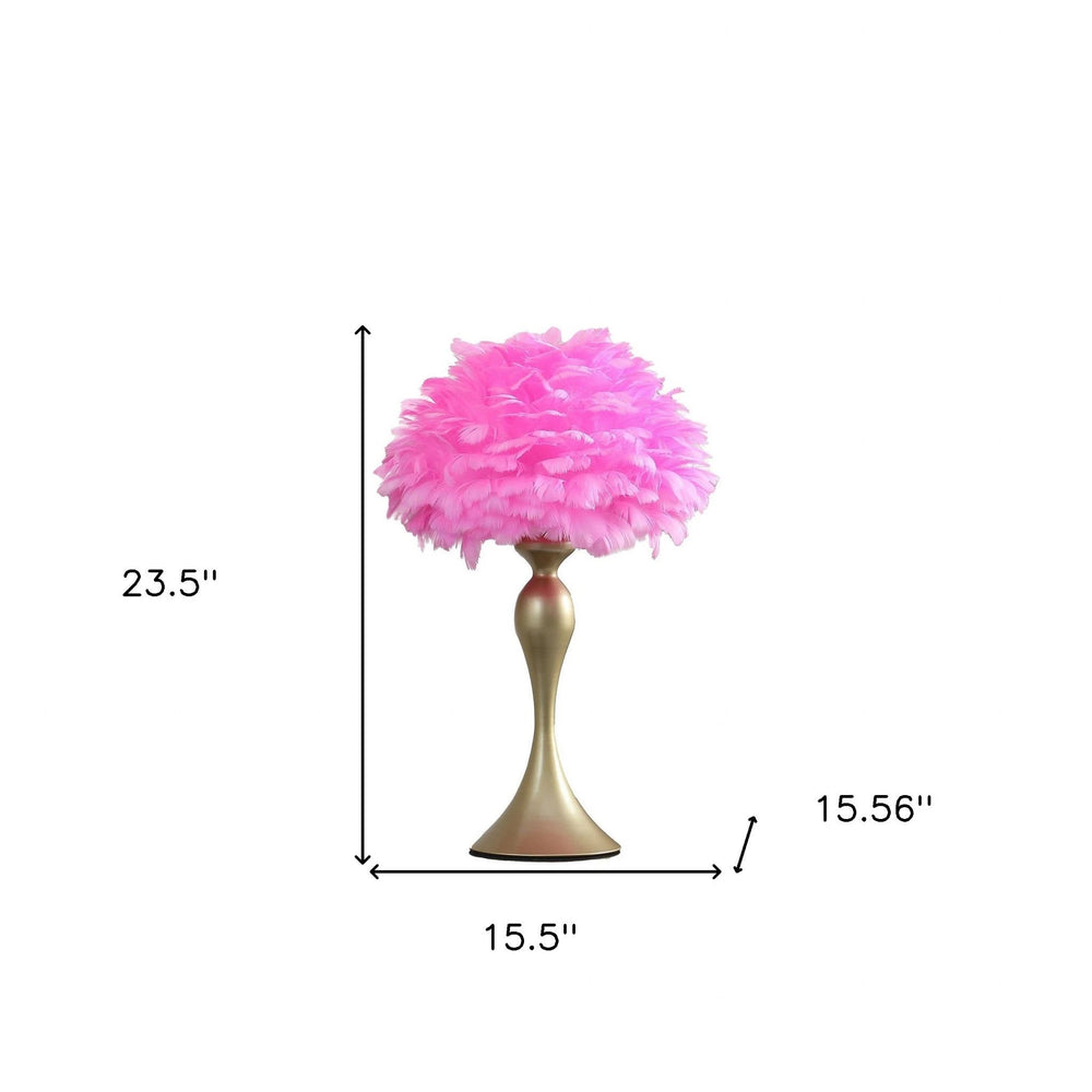 24" Glam Hot Pink Feather and Gold Table Lamp - Homeroots - Flyclothing LLC