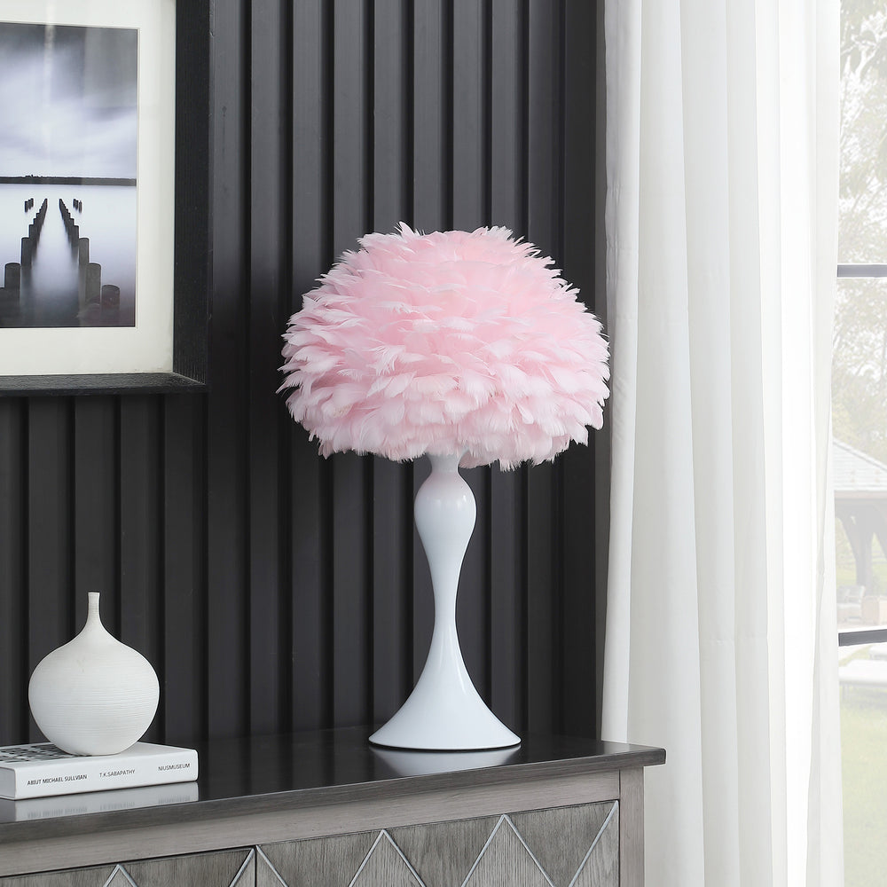 24" Glam Pink Faux Feather and White Metal Table Lamp - Homeroots - Flyclothing LLC