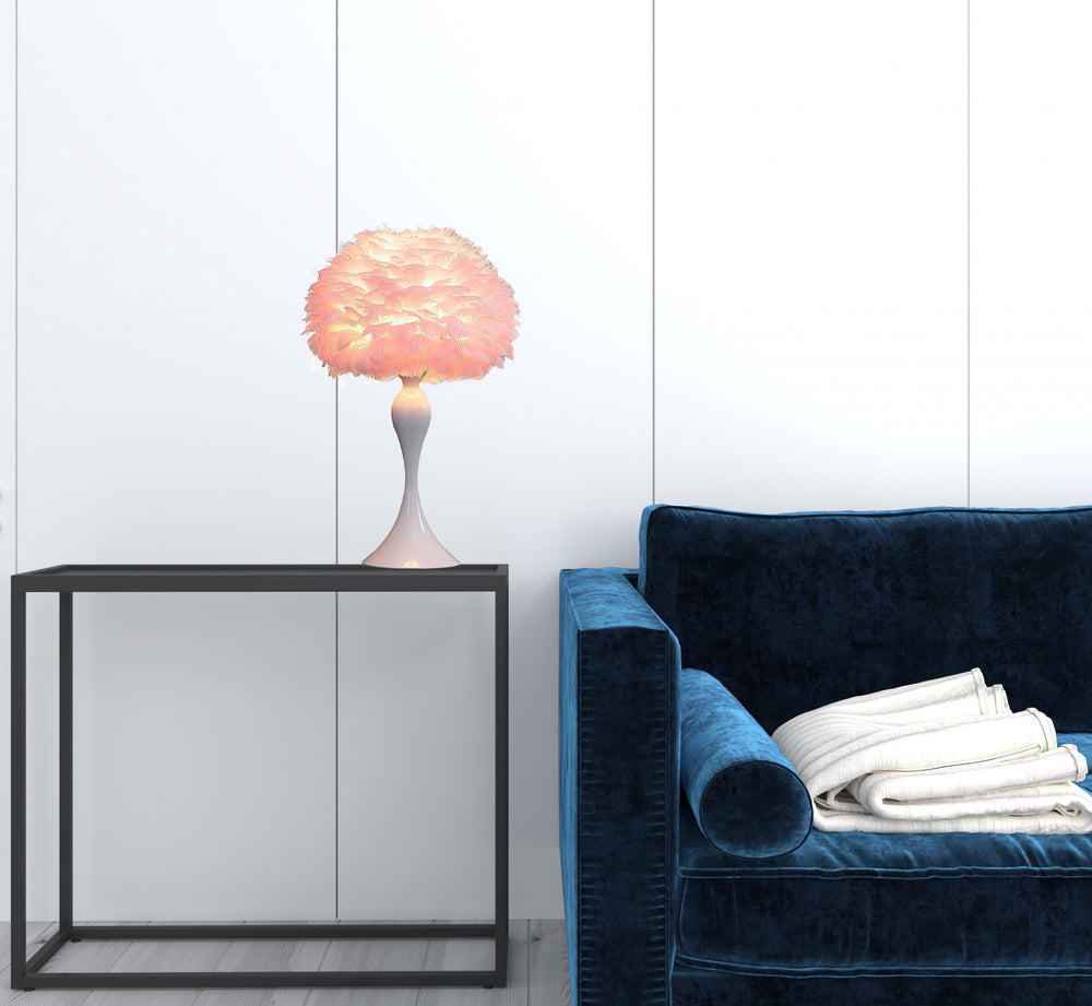 24" Glam Pink Faux Feather and White Metal Table Lamp - Homeroots - Flyclothing LLC