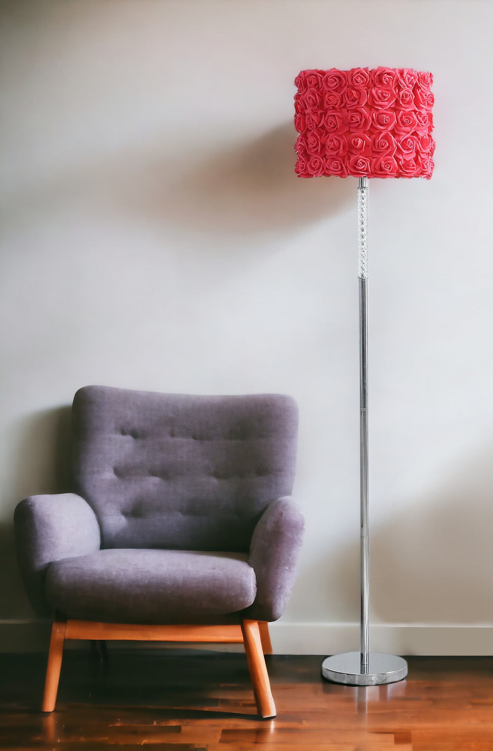 63" Steel and Acrylic Floor Lamp With Red Flowers Fabric Drum Shade - Homeroots - Flyclothing LLC