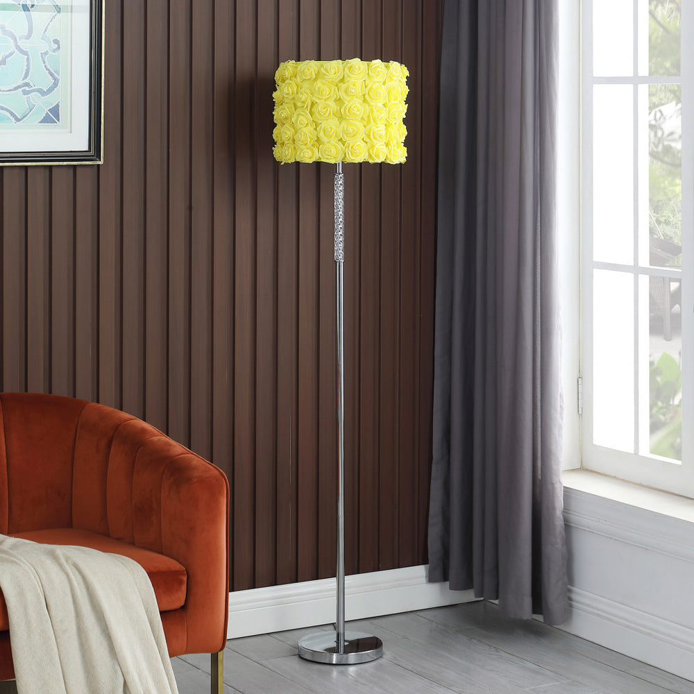 63" Steel and Acrylic Floor Lamp With Yellow Flowers Fabric Drum Shade - Homeroots - Flyclothing LLC