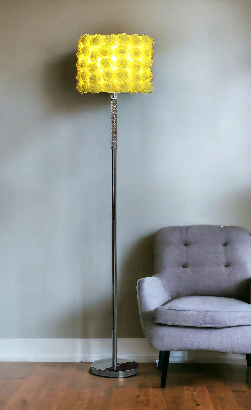 63" Steel and Acrylic Floor Lamp With Yellow Flowers Fabric Drum Shade - Homeroots - Flyclothing LLC