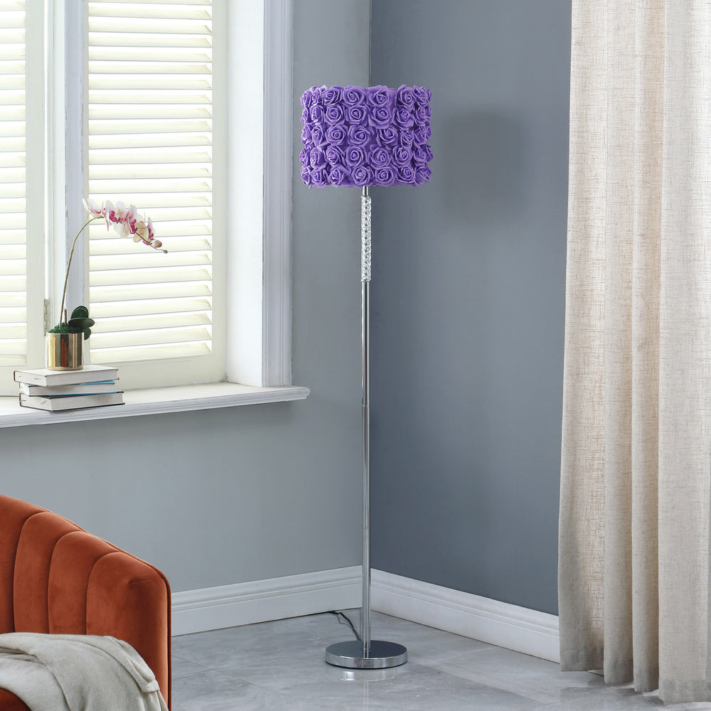 63" Steel and Acrylic Floor Lamp With Purple Flowers Fabric Drum Shade - Homeroots - Flyclothing LLC