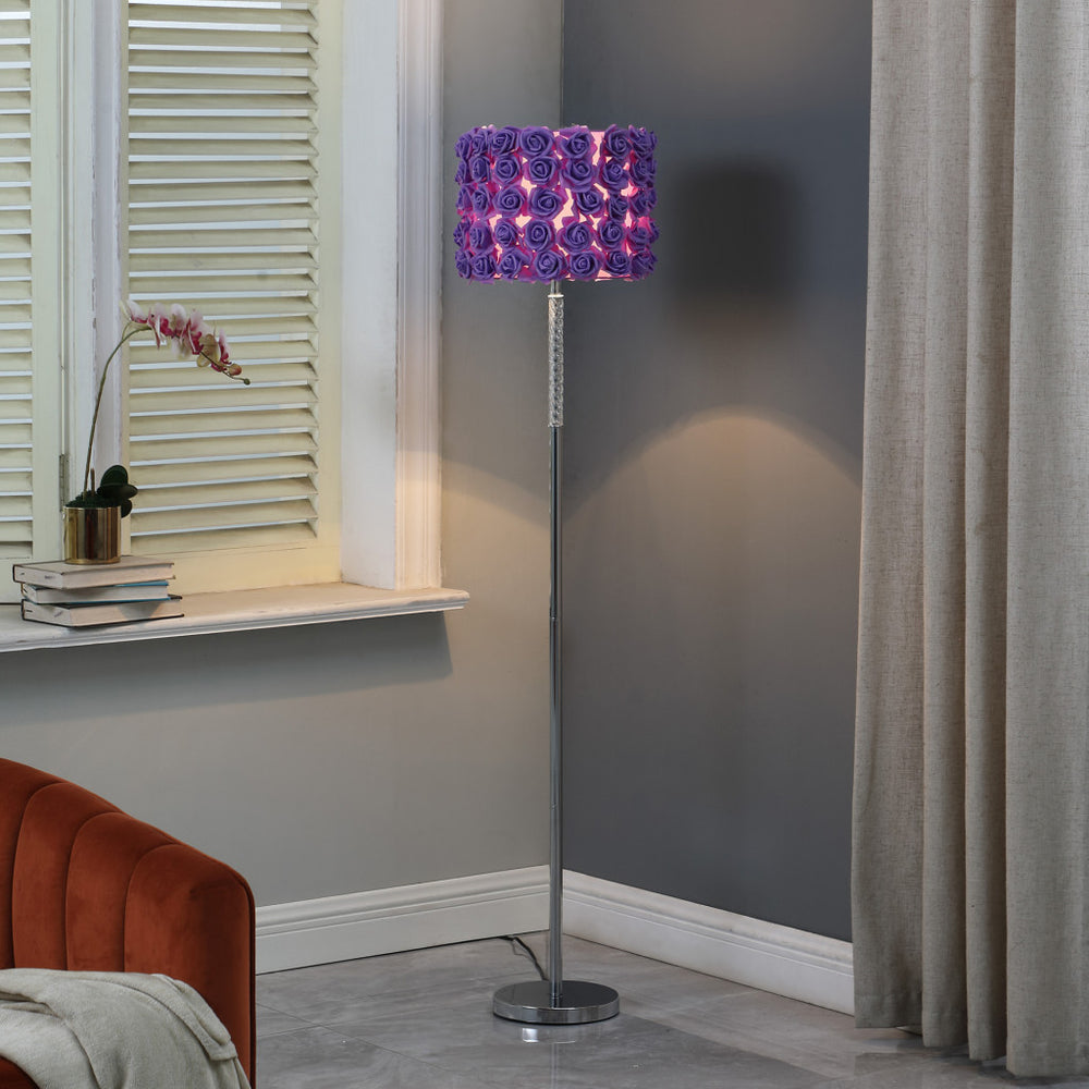 63" Steel and Acrylic Floor Lamp With Purple Flowers Fabric Drum Shade - Homeroots - Flyclothing LLC