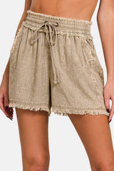 Zenana Washed Linen Frayed Hem Drawstring Shorts - Trendsi - Flyclothing LLC