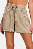 Zenana Washed Linen Frayed Hem Drawstring Shorts Trendsi