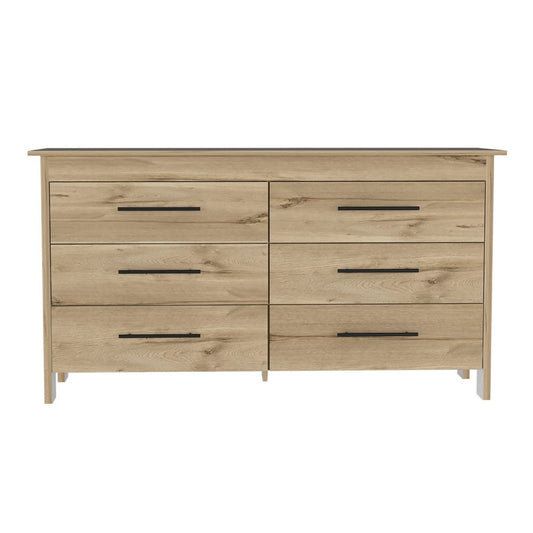 59" Natural and Black Six Drawer Double Dresser - Homeroots