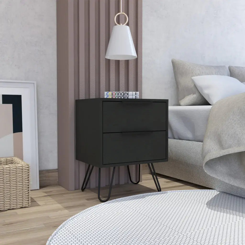 22" Black Two Drawer Faux Wood Nightstand - Homeroots - Flyclothing LLC