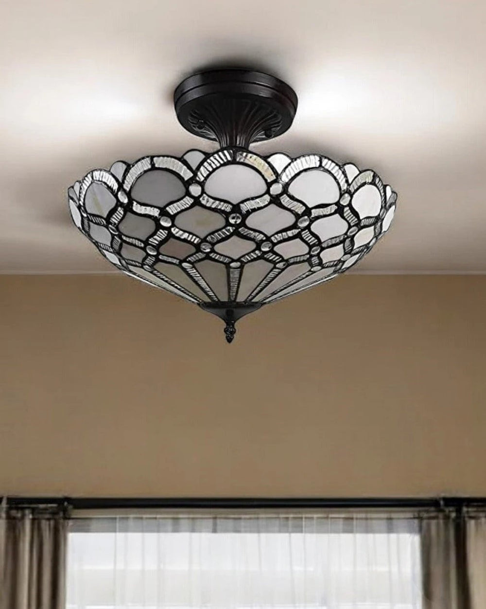 Black and Gray Two Light Tiffany Style Semi Flush Dimmable Ceiling LIght - Homeroots