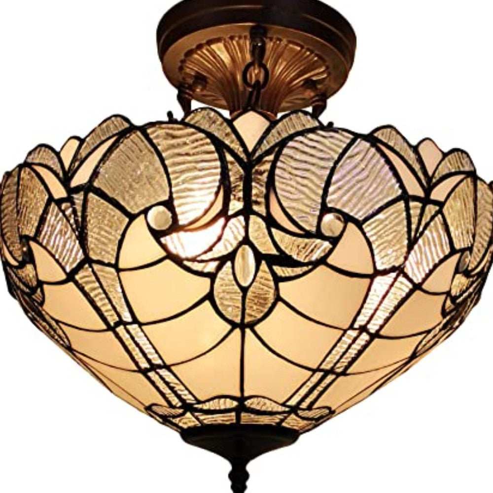Yellow and Brown Two Light Tiffany Style Semi Flush Dimmable Ceiling Light - Homeroots - Flyclothing LLC