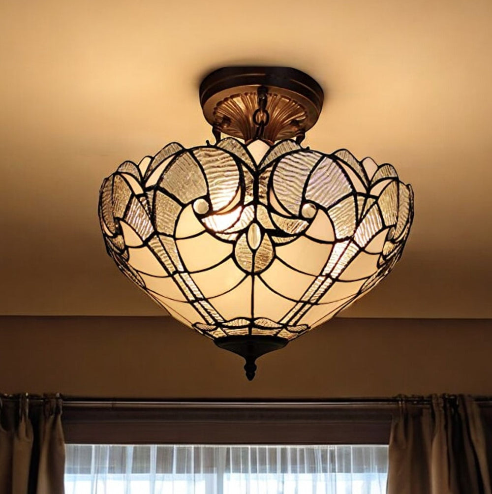 Yellow and Brown Two Light Tiffany Style Semi Flush Dimmable Ceiling Light - Homeroots
