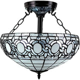 Blue and Black Tiffany Style Two Light Glass Dimmable Semi Flush Ceiling Light - Homeroots