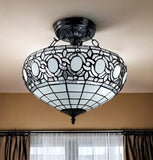 Blue and Black Tiffany Style Two Light Glass Dimmable Semi Flush Ceiling Light - Homeroots