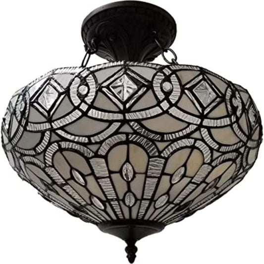 Black and Gray Tiffany Style Two Light Glass Dimmable Semi Flush Ceiling Light - Homeroots - Flyclothing LLC