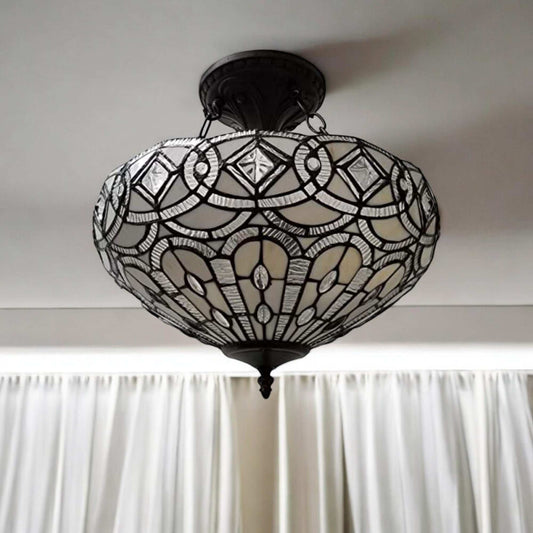 Black and Gray Tiffany Style Two Light Glass Dimmable Semi Flush Ceiling Light - Homeroots - Flyclothing LLC