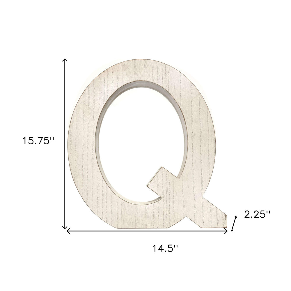 16" Distressed White Wash Wooden Initial Letter Q Sculpture
