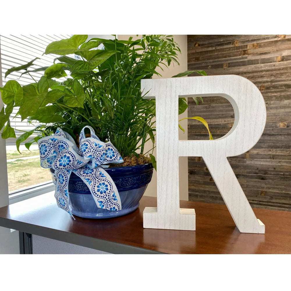 16" White Distressed Wood Letter R Tabletop Sculpture
