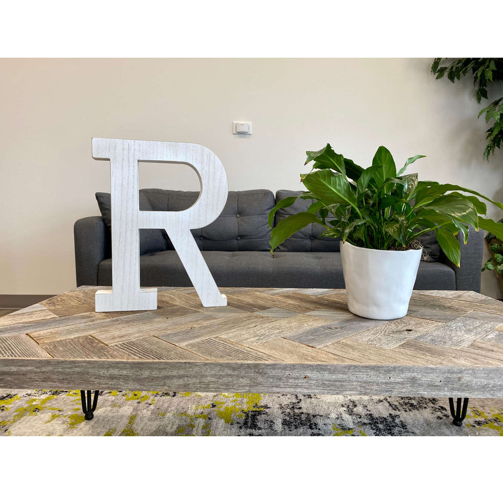 16" White Distressed Wood Letter R Tabletop Sculpture