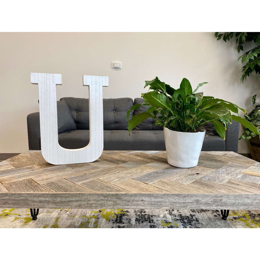 16" Distressed White Wash Wooden Initial Letter U Sculpture - Homeroots