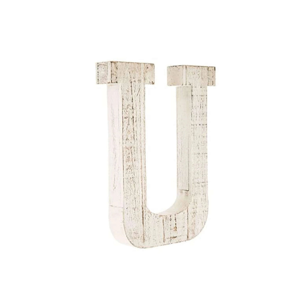 16" Distressed White Wash Wooden Initial Letter U Sculpture - Homeroots