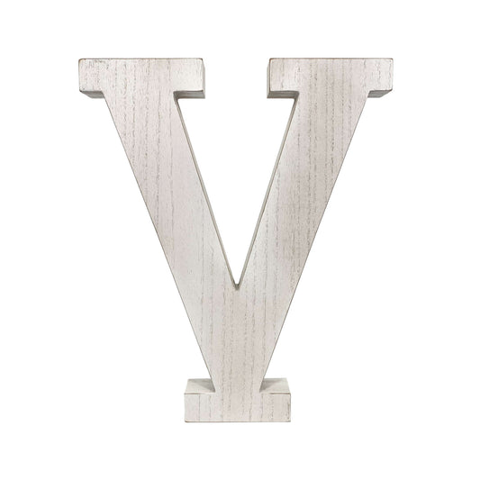 16" Distressed White Wash Wooden Initial Letter V Sculpture - Homeroots