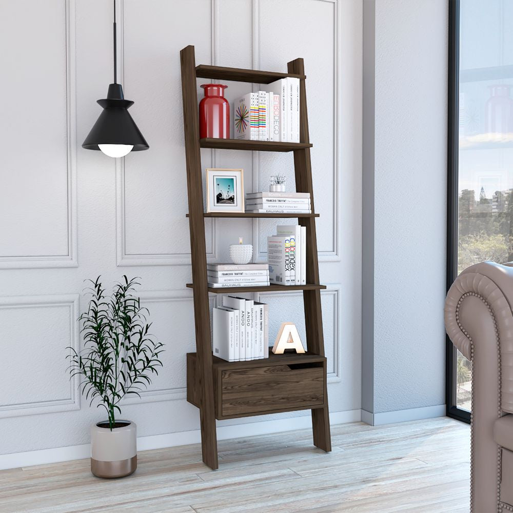 70" Brown Five Tier Ladder Bookcase with A Drawer - Homeroots - Flyclothing LLC