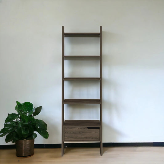 70" Brown Five Tier Ladder Bookcase with A Drawer - Homeroots