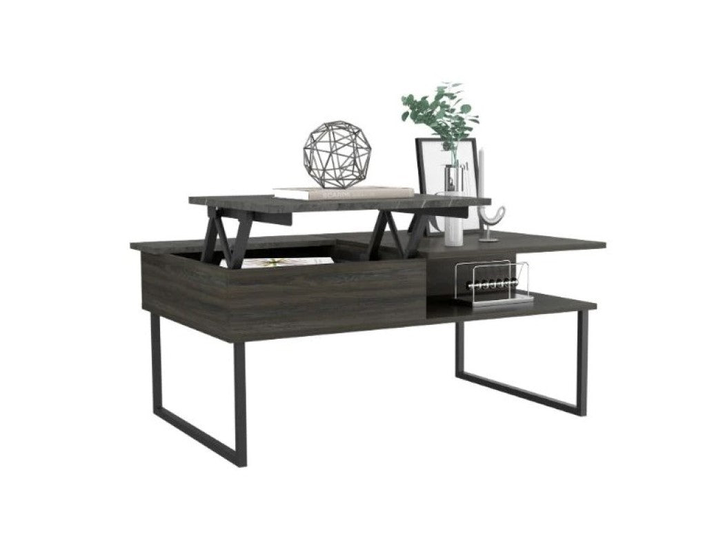 41" Gray And Onyx Metal Lift Top Coffee Table With Two Shelves - Homeroots - Flyclothing LLC