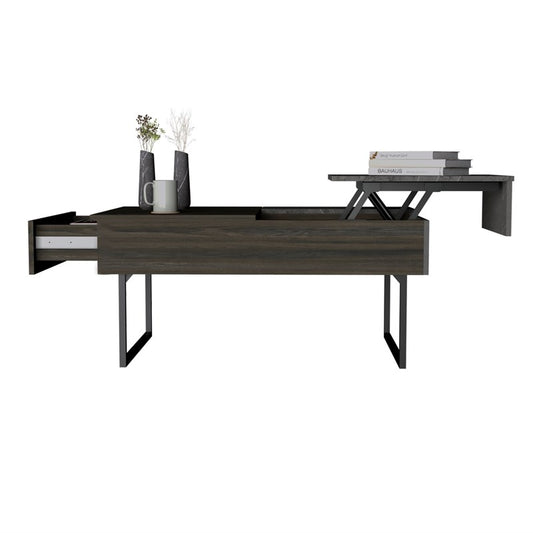 39" Espresso And Black Metal Lift Top Coffee Table With Drawer - Homeroots