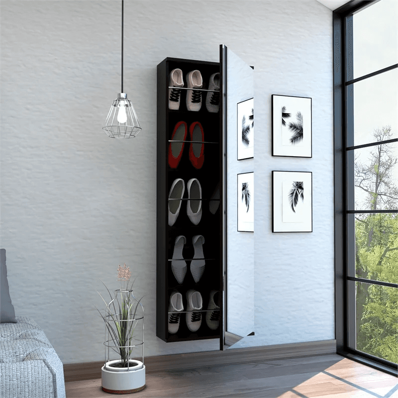Stylish Black Wengue Wall Mounted Shoe Rack with Mirror - Homeroots - Flyclothing LLC