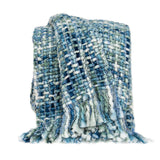 52" X 67" Blue and Green Woven Cotton Blend Throw Blanket with Tassels - Homeroots