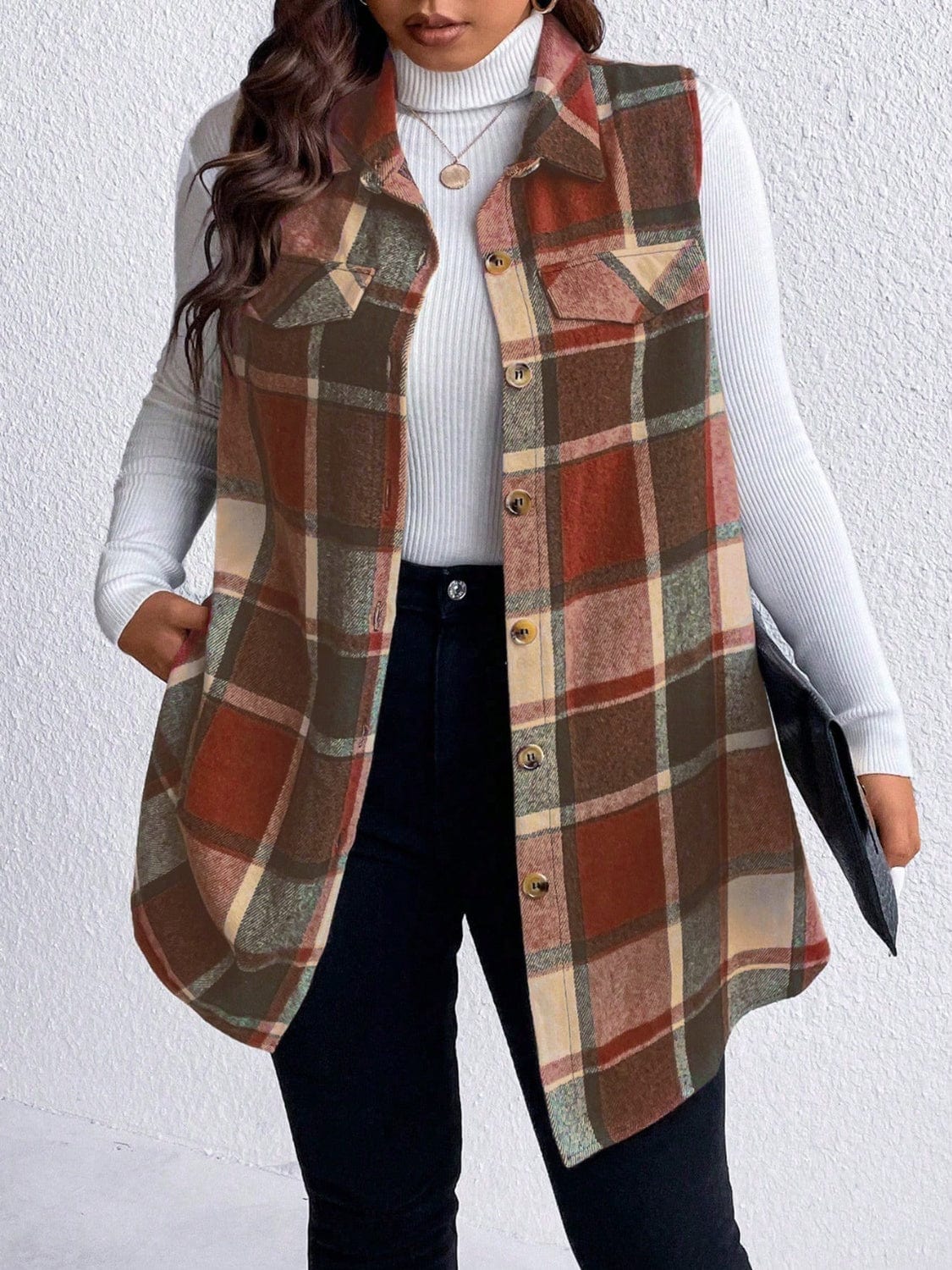 Honey Plus Size Pocketed Plaid Button Up Vest Coat - Trendsi