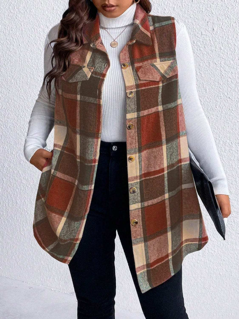 Honey Plus Size Pocketed Plaid Button Up Vest Coat - Trendsi - Flyclothing LLC