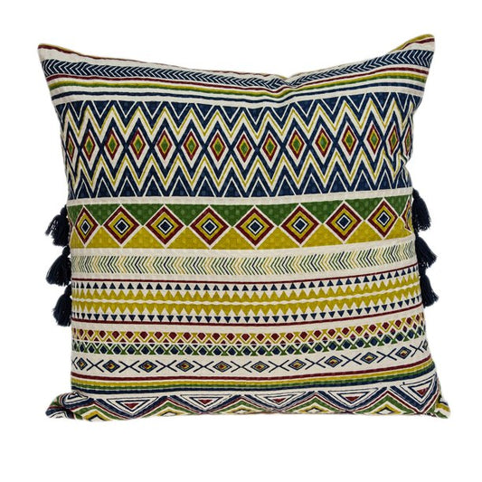 20" Green and Yellow Cotton Throw Pillow With Tassels - Homeroots