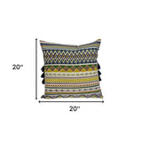 20" Green and Yellow Cotton Throw Pillow With Tassels