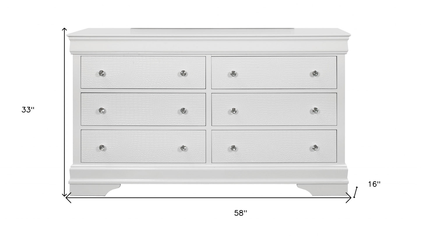 58" Metallic White Solid Wood Six Drawer Double Dresser - Homeroots - Flyclothing LLC