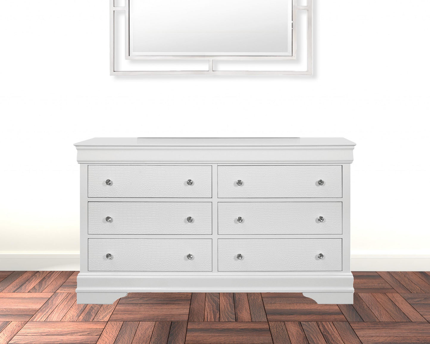 58" Metallic White Solid Wood Six Drawer Double Dresser - Homeroots - Flyclothing LLC