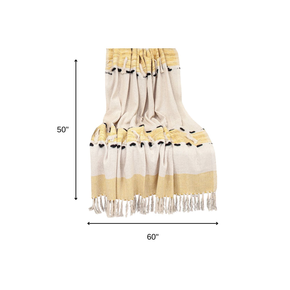 50" X 60" Yellow and Ivory Woven Cotton Striped Throw Blanket with Tassels - Homeroots - Flyclothing LLC