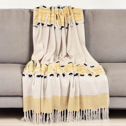 50" X 60" Yellow and Ivory Woven Cotton Striped Throw Blanket with Tassels - Homeroots