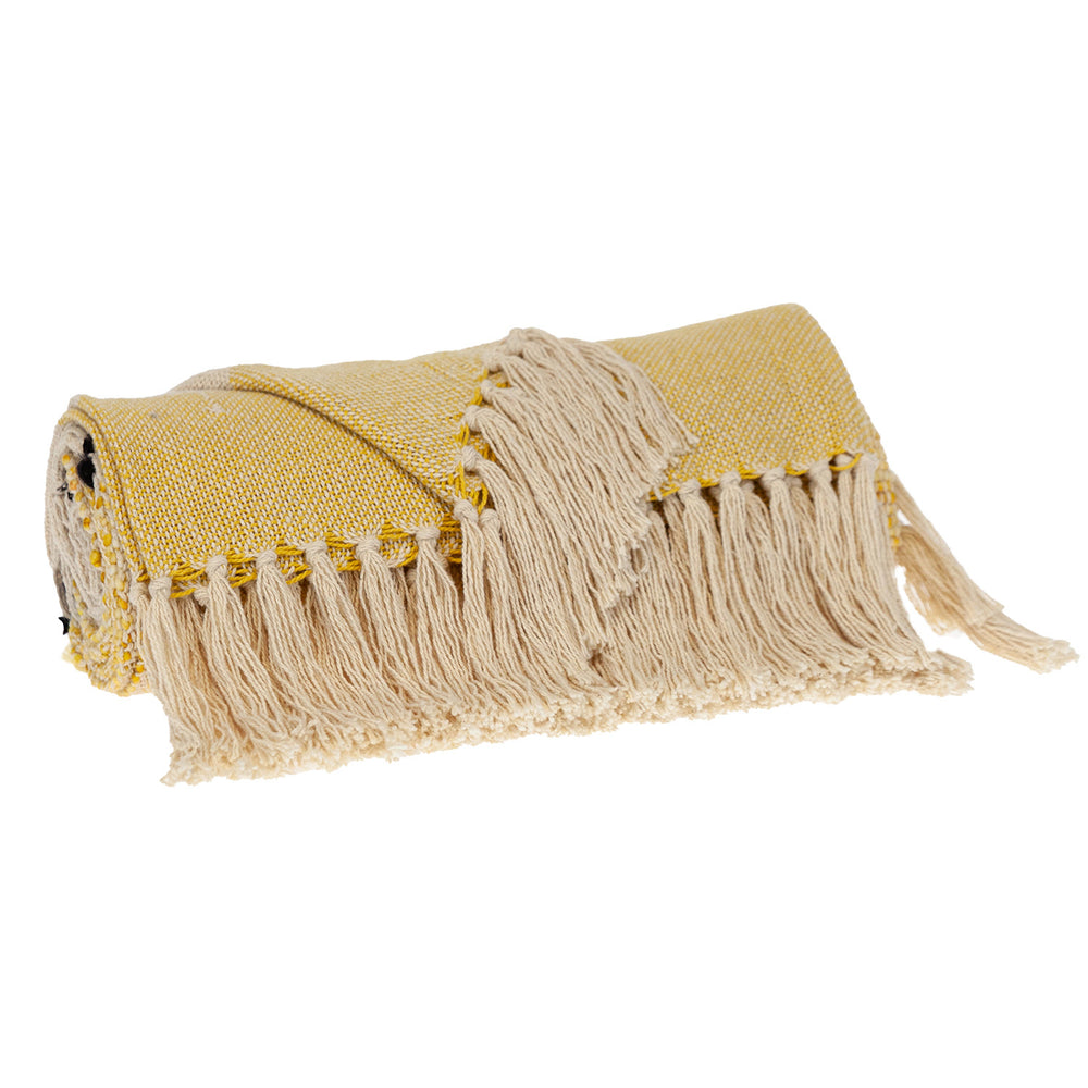 50" X 60" Yellow and Ivory Woven Cotton Striped Throw Blanket with Tassels - Homeroots - Flyclothing LLC