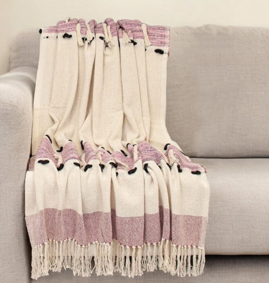50" X 60" Purple and Ivory Woven Cotton Striped Throw Blanket with Tassels - Homeroots
