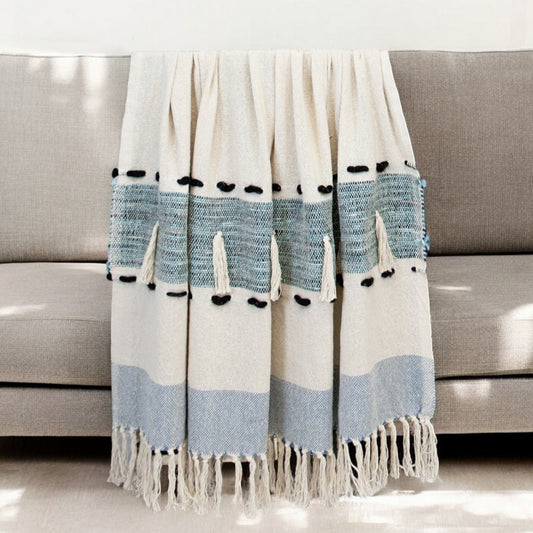 50" X 60" Blue and Ivory Woven Cotton Striped Throw Blanket with Tassels - Homeroots