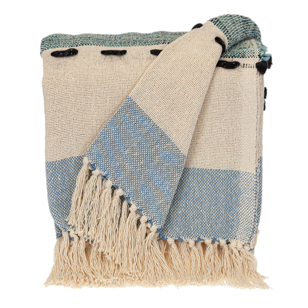 50" X 60" Blue and Ivory Woven Cotton Striped Throw Blanket with Tassels - Homeroots - Flyclothing LLC