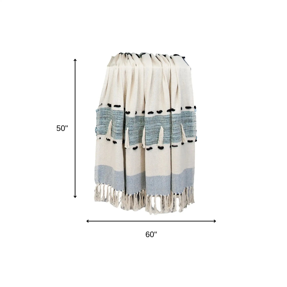 50" X 60" Blue and Ivory Woven Cotton Striped Throw Blanket with Tassels - Homeroots - Flyclothing LLC